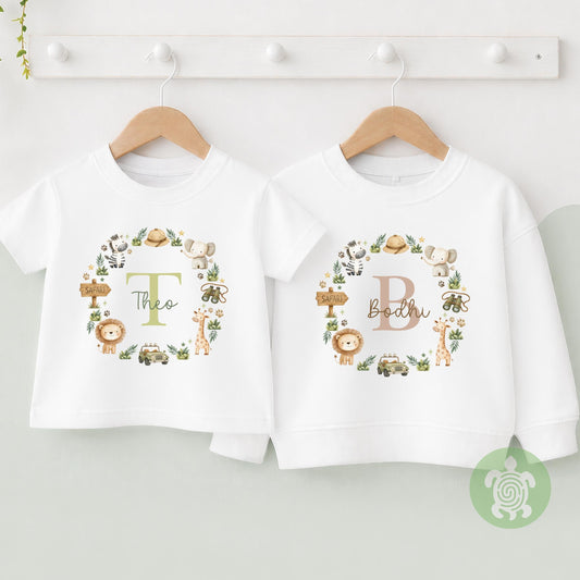 Personalised Safari Name T-Shirt | Custom Safari Animal Initial Wreath Sweatshirt, Baby Vest, Sleepsuit or Bib | Baby Boy Gift