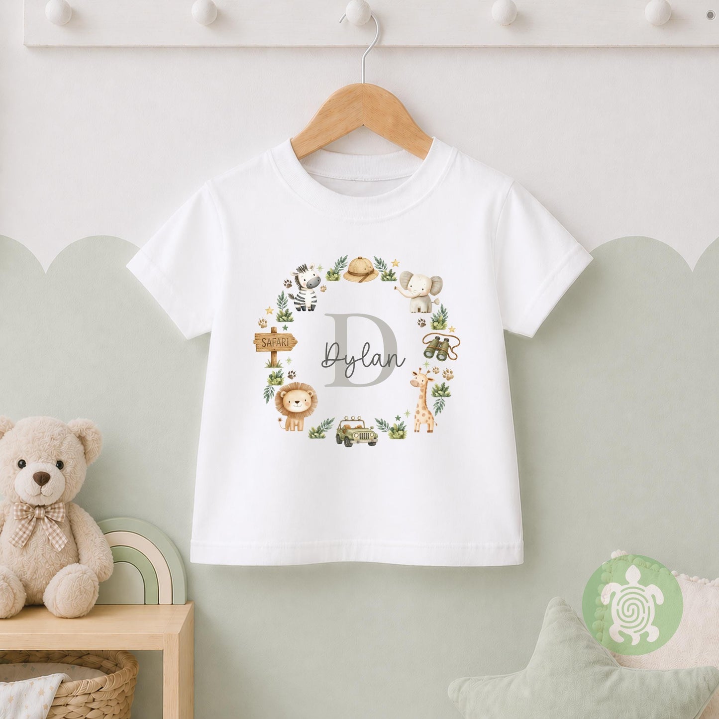 Personalised Safari Name T-Shirt | Custom Safari Animal Initial Wreath Sweatshirt, Baby Vest, Sleepsuit or Bib | Baby Boy Gift