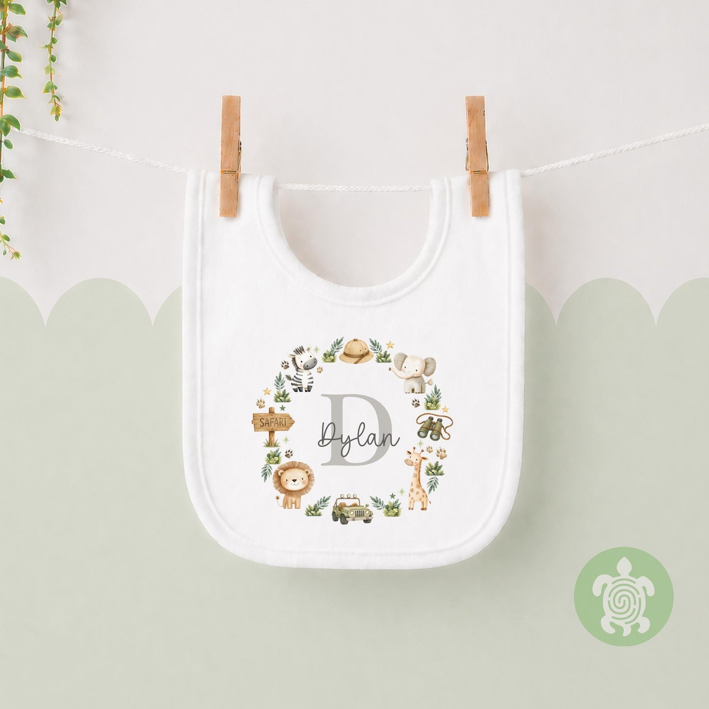 Personalised Safari Name T-Shirt | Custom Safari Animal Initial Wreath Sweatshirt, Baby Vest, Sleepsuit or Bib | Baby Boy Gift