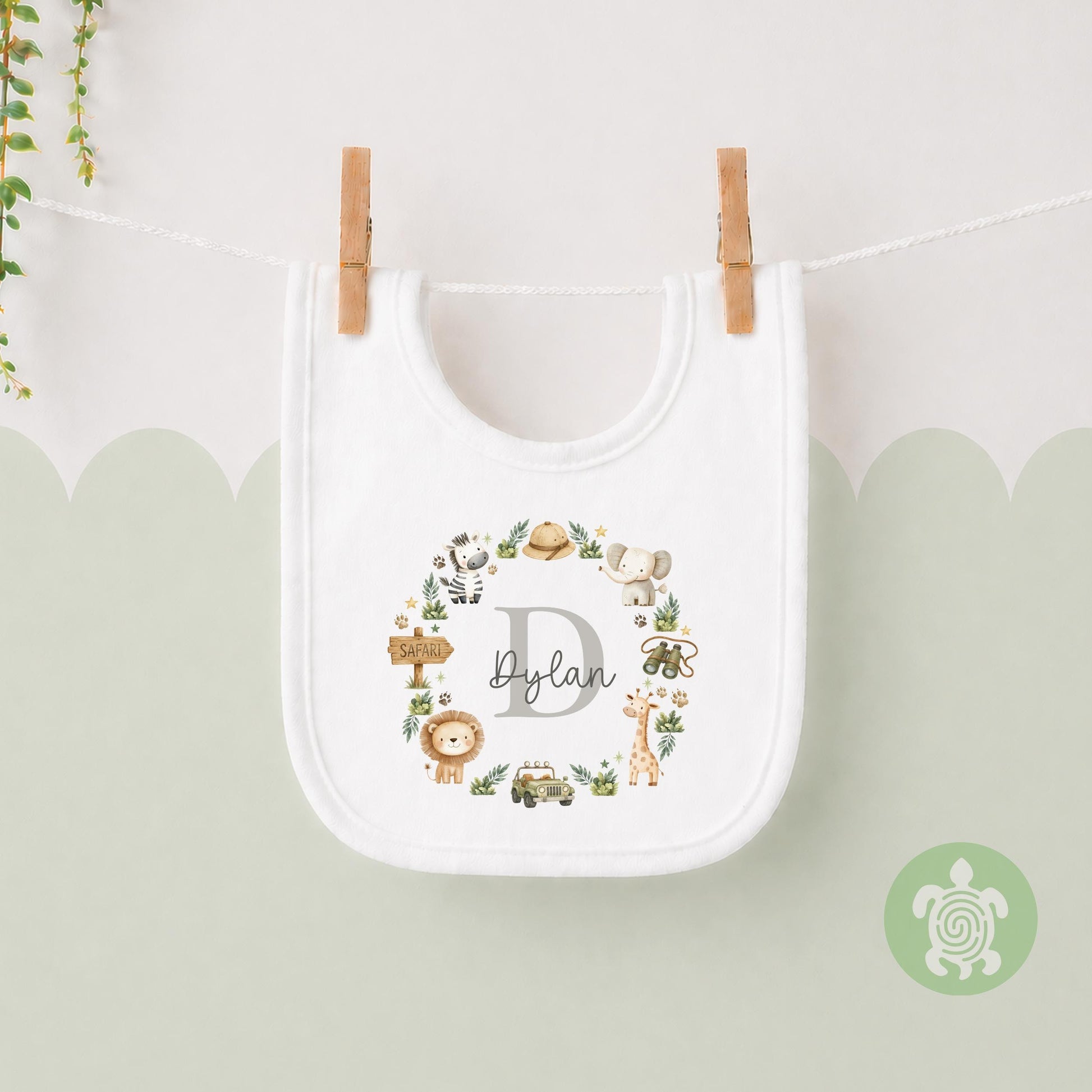 Personalised Safari Name T-Shirt | Custom Safari Animal Initial Wreath Sweatshirt, Baby Vest, Sleepsuit or Bib | Baby Boy Gift