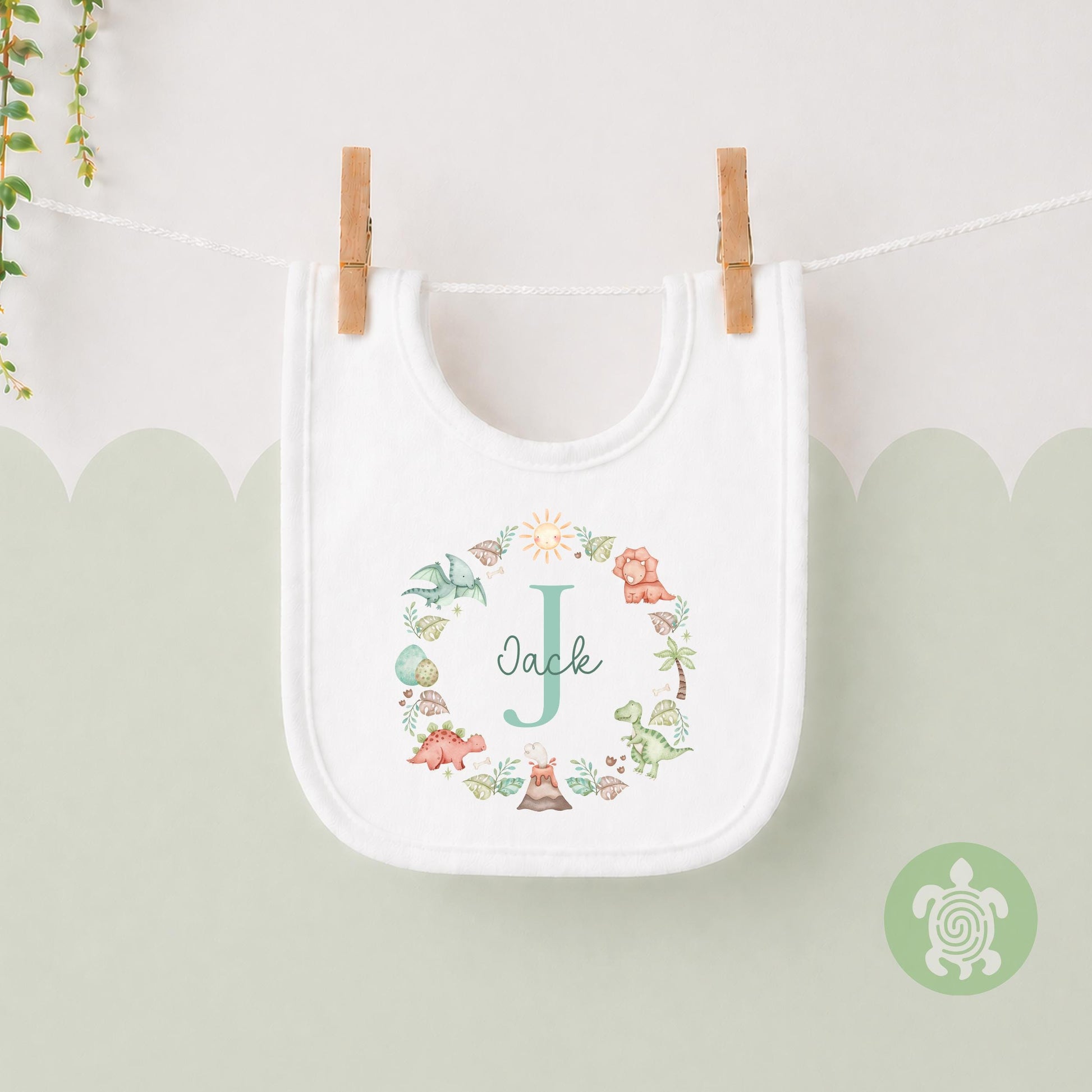 Personalised Dinosaur Name T-shirt | Custom Dino Initial Wreath sweatshirt, Baby Vest, Sleepsuit or Bib | Dinosaur Baby Gift