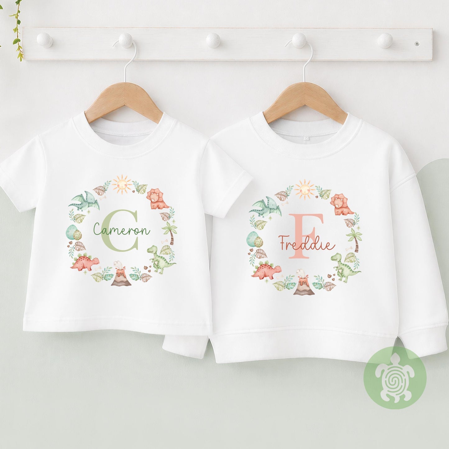Personalised Dinosaur Name T-shirt | Custom Dino Initial Wreath sweatshirt, Baby Vest, Sleepsuit or Bib | Dinosaur Baby Gift