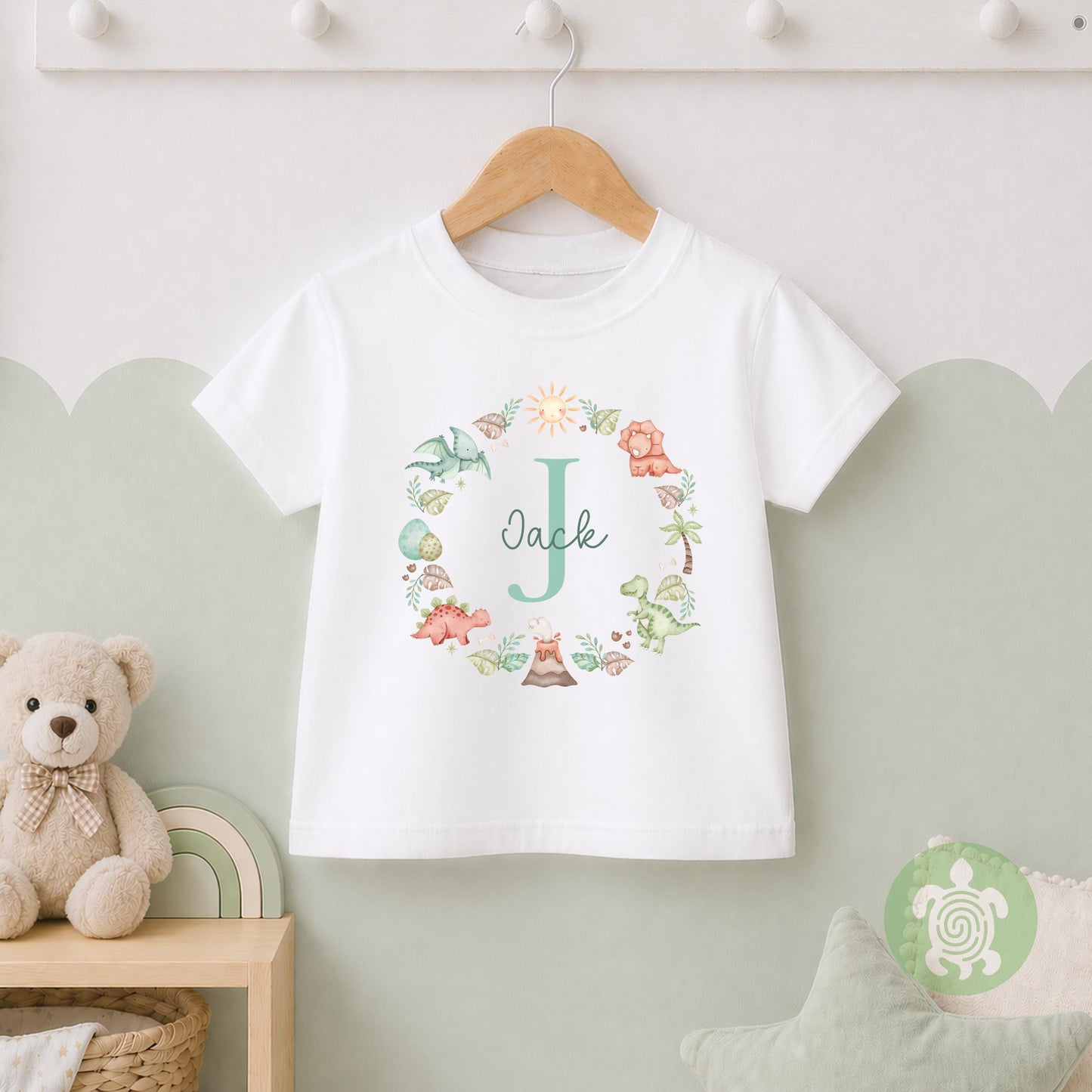 Personalised Dinosaur Name T-shirt | Custom Dino Initial Wreath sweatshirt, Baby Vest, Sleepsuit or Bib | Dinosaur Baby Gift