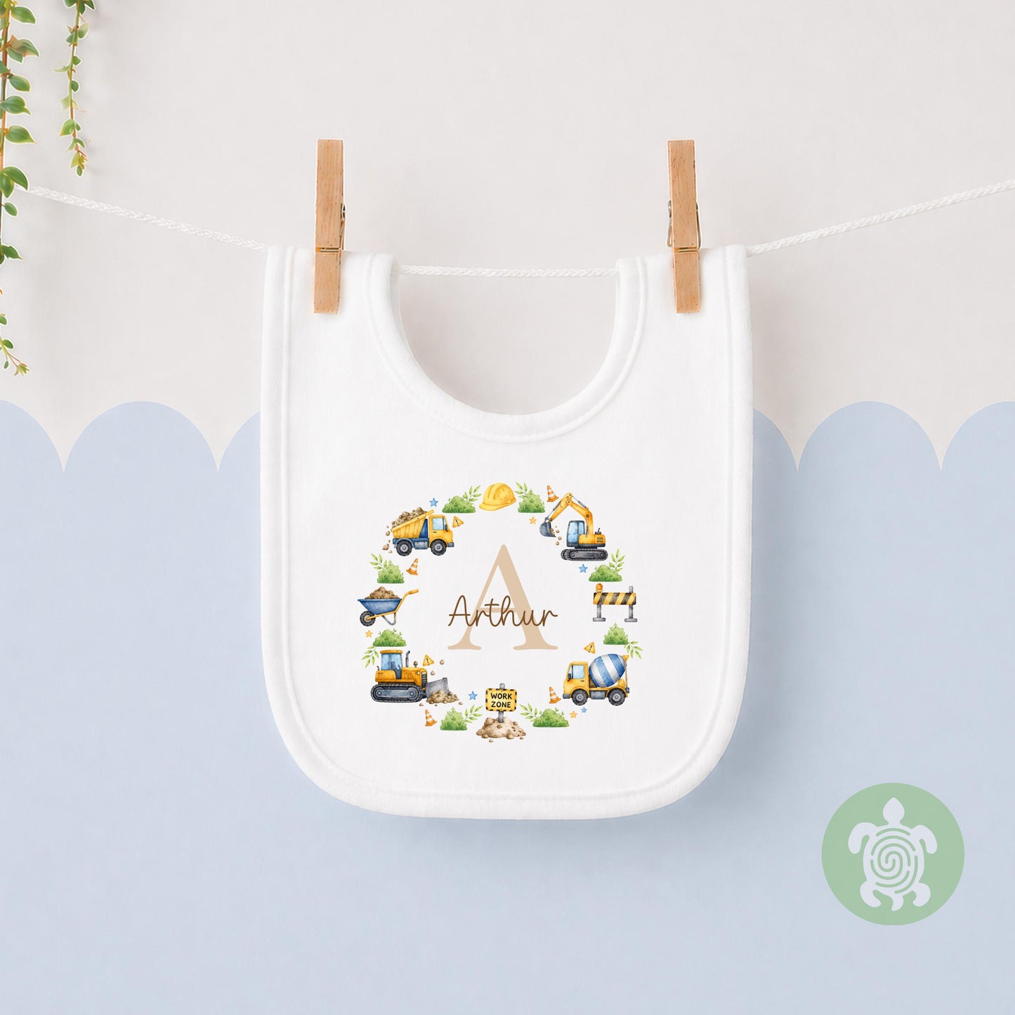 Personalised Digger Name T-shirt | Custom Construction Initial Wreath Sweatshirt, Baby Vest, Sleepsuit or Bib | Builder Baby Gift