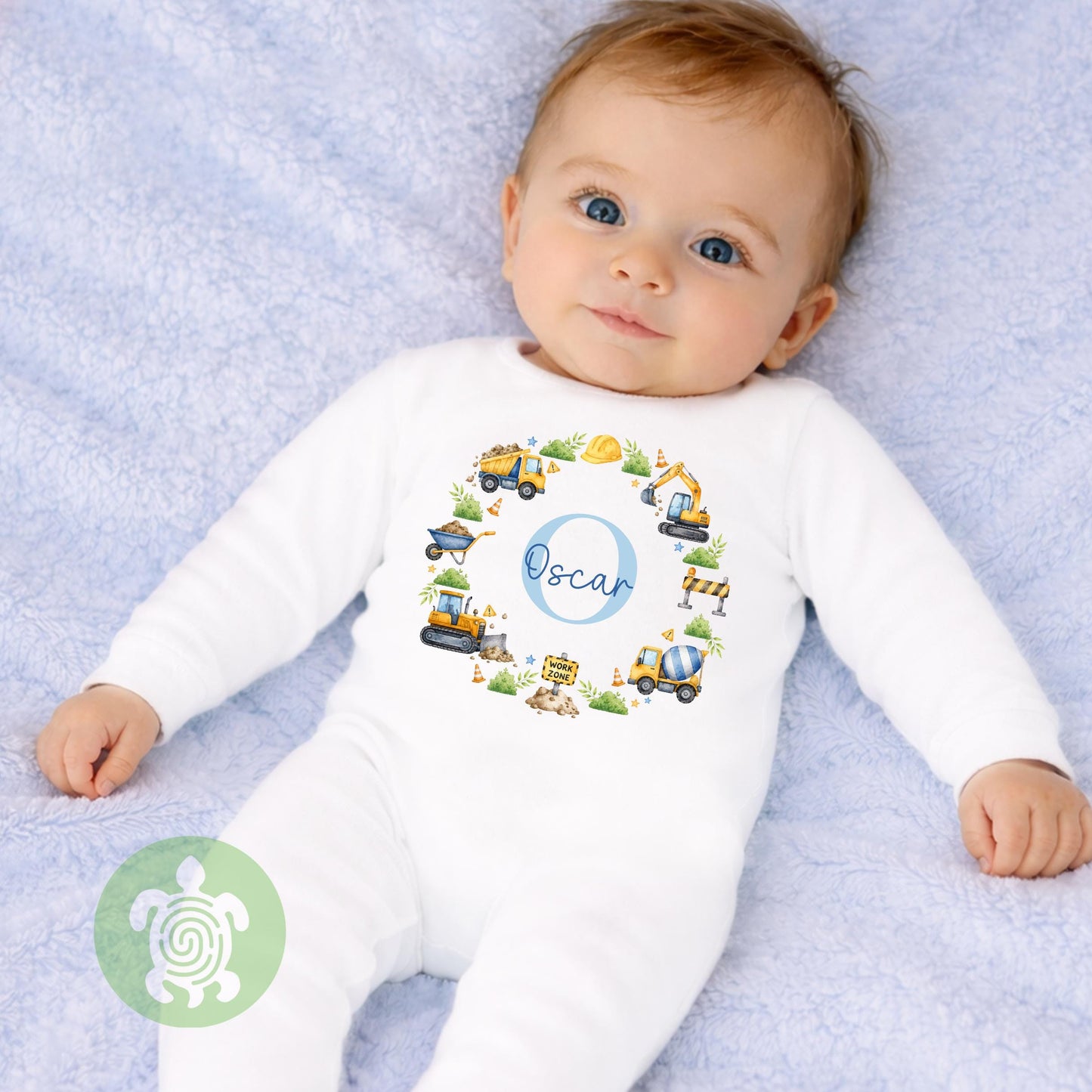 Personalised Digger Name T-shirt | Custom Construction Initial Wreath Sweatshirt, Baby Vest, Sleepsuit or Bib | Builder Baby Gift