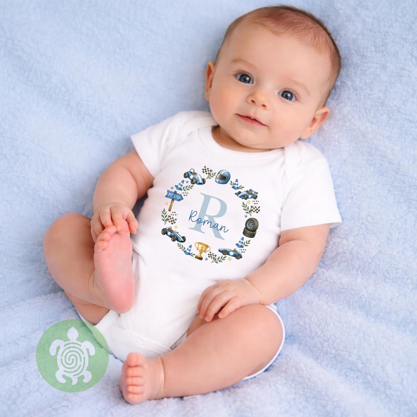Personalised Race Car Name T-shirt | Custom Racing Initial Wreath Sweatshirt, Baby Vest, Sleepsuit or Bib | Motorsport Baby Gift