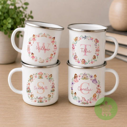 Personalised Girls Enamel Mug, Custom Name & Initial Mug, Fairy Princess Mermaid Ballerina Cup, Children's Camping Mug, Girls Birthday Gift