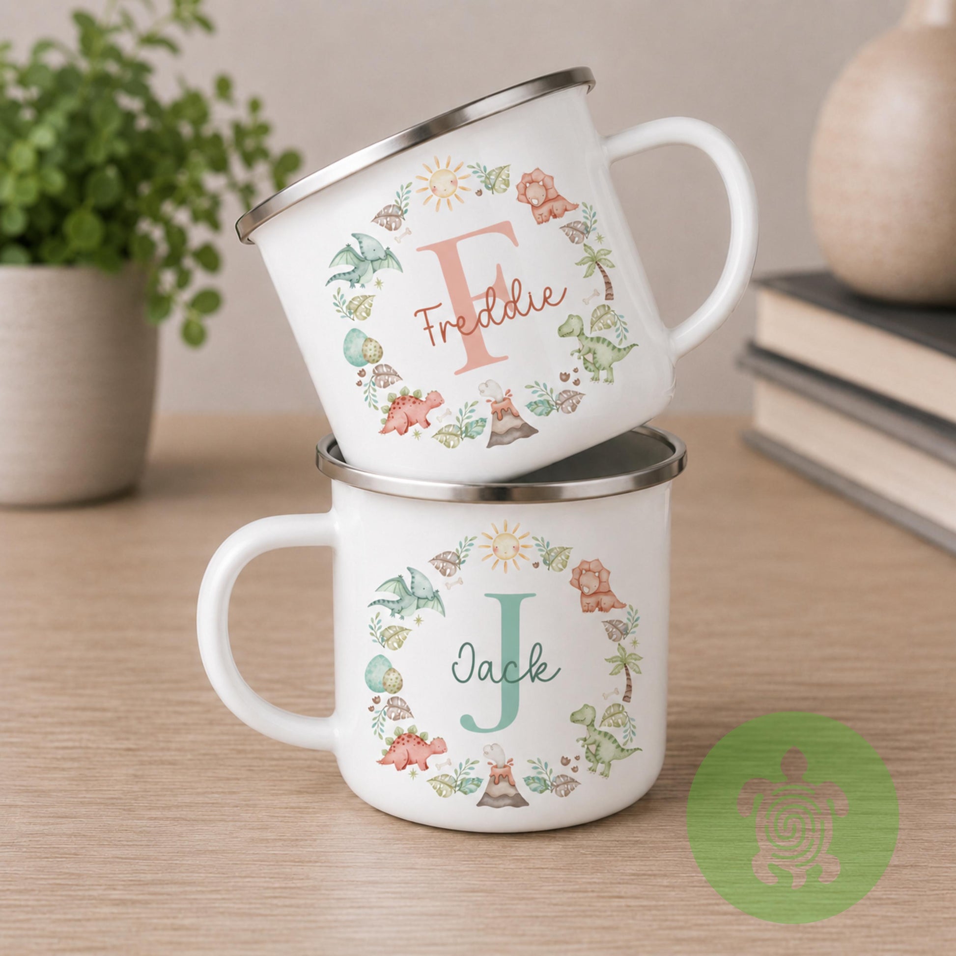 Personalised Boys Enamel Mug, Custom Name & Initial Cup, Dinosaur Safari Construction Racing Car Camping Mug, Birthday Gift for Boys