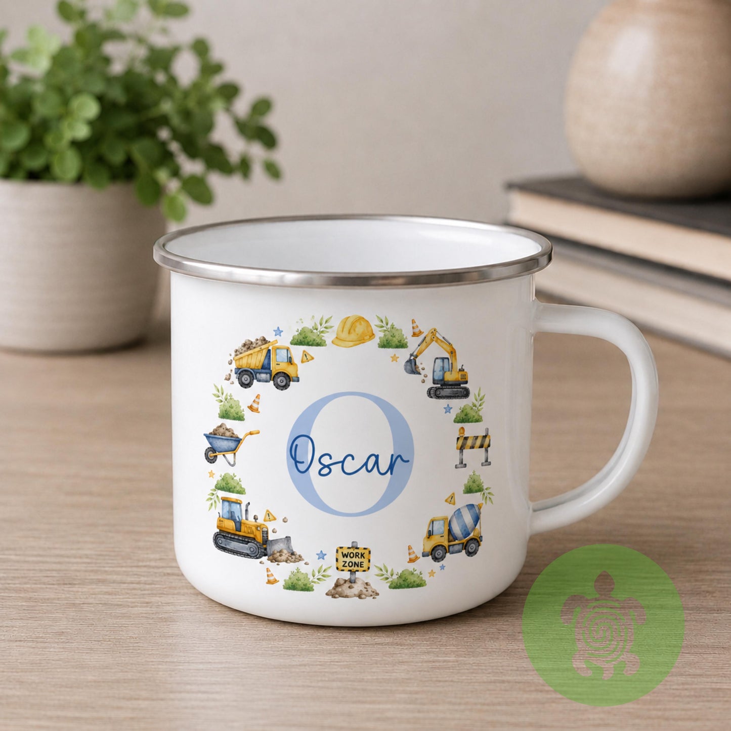 Personalised Boys Enamel Mug, Custom Name & Initial Cup, Dinosaur Safari Construction Racing Car Camping Mug, Birthday Gift for Boys