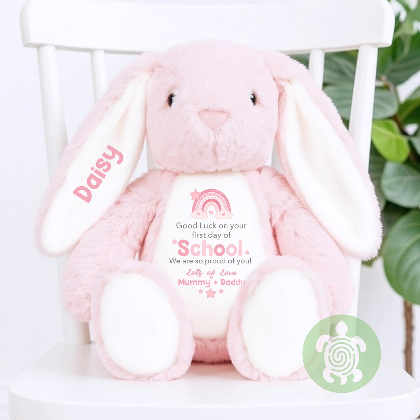Personalised Pink Rainbow Good Luck on your First Day of School Bunny, Teddy, Custom School Teddy, Back to School, First Day of School Gift