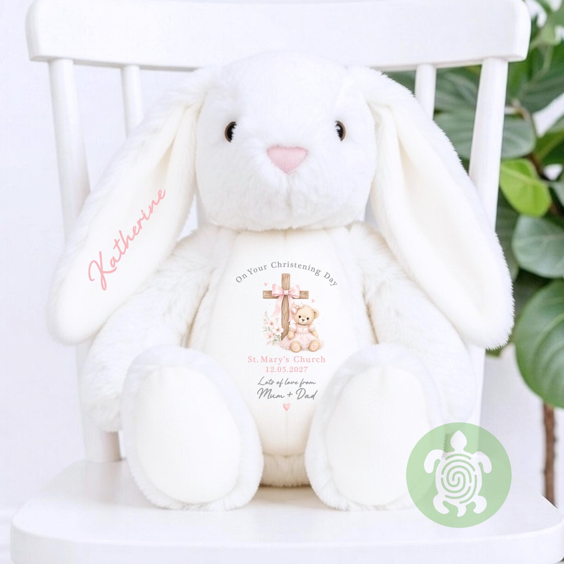 Personalised Pink Teddy Cross Christening Bunny Gift, Baptism, Dedication or Holy Communion Gift, Personalised Bunny for Baby’s Special Day