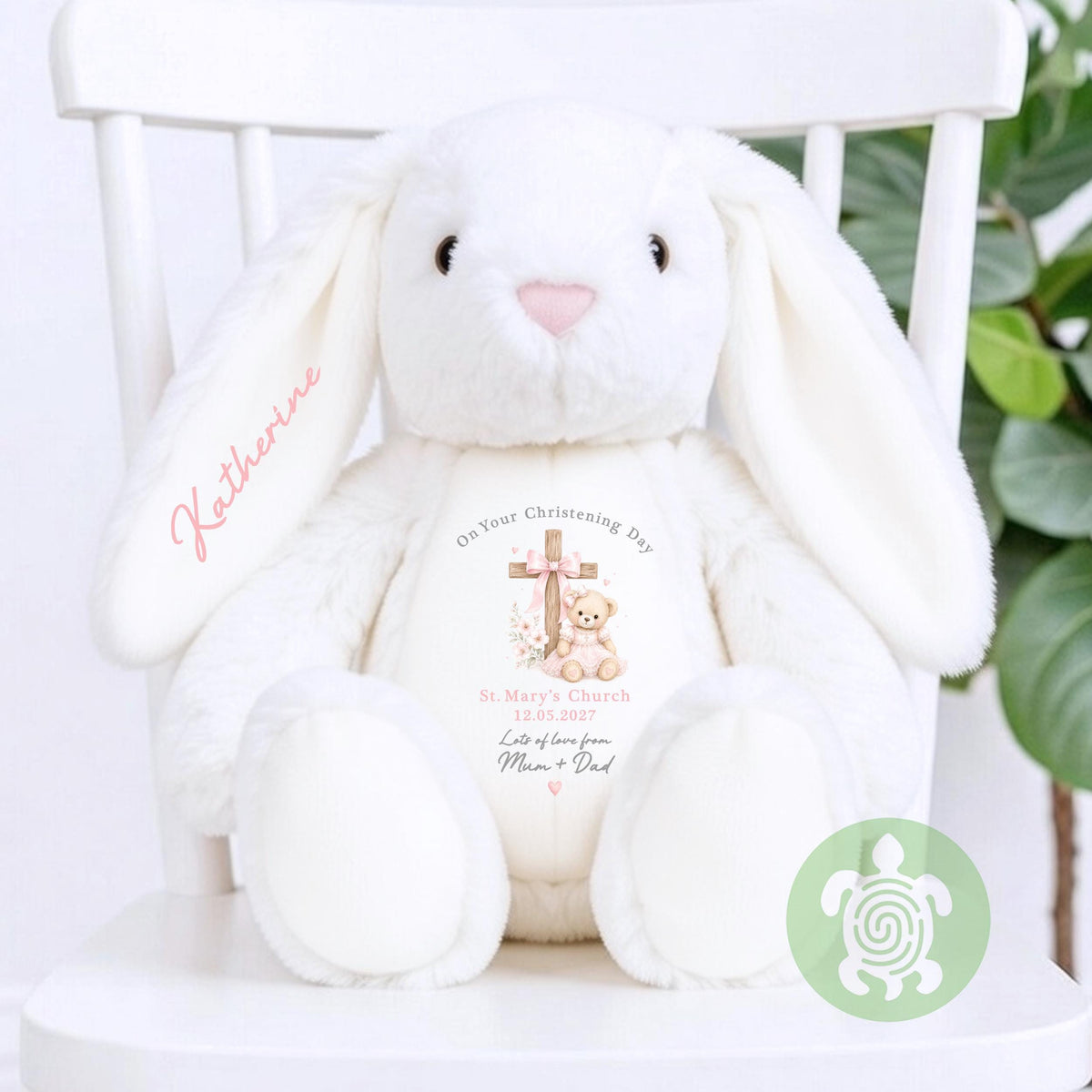Personalised Pink Baby Teddy Cross Christening Outfit, Dedication or Holy Communion Gift, Babygrow, Baby Girl Christening Gift, Cotton