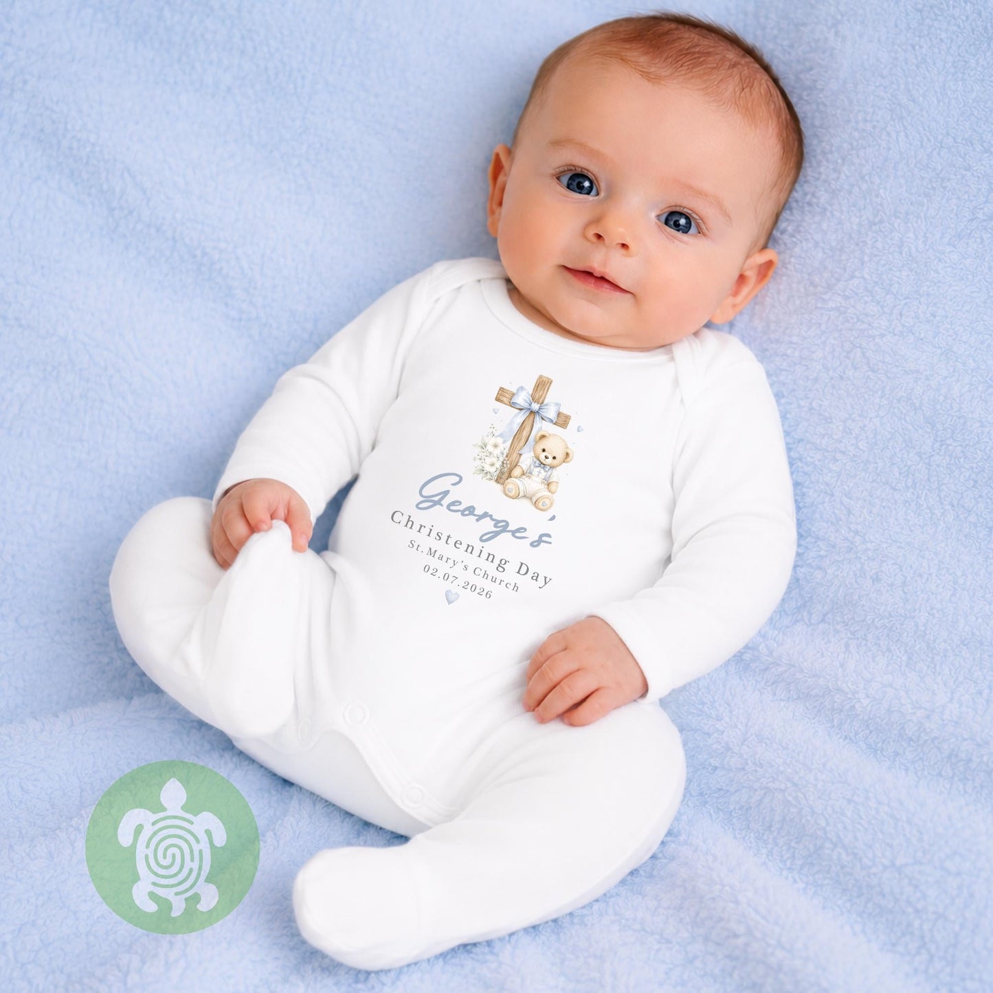 Personalised Blue Baby Teddy Cross Christening Outfit, Dedication or Holy Communion Gift, Babygrow, Baby Girl Christening Gift, Cotton