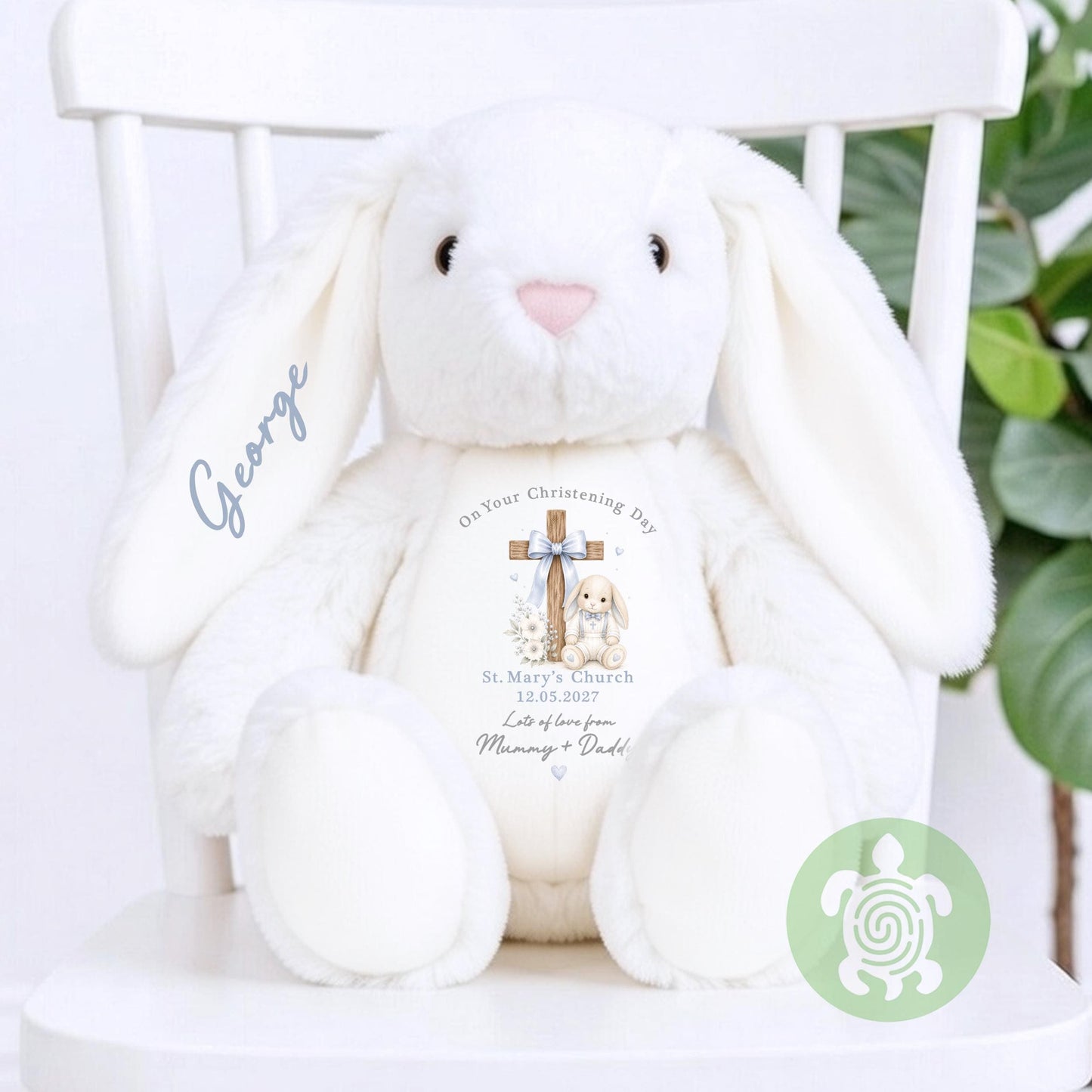 Personalised Blue Baby Bunny Cross Christening Outfit, Dedication or Holy Communion Gift, Babygrow, Baby Girl Christening Gift, Cotton