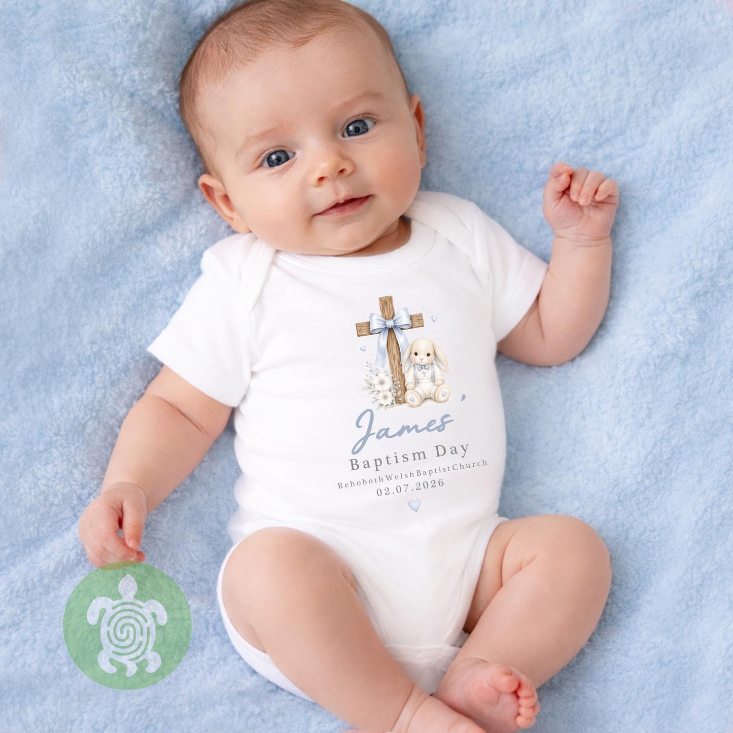 Personalised Blue Baby Bunny Cross Christening Outfit, Dedication or Holy Communion Gift, Babygrow, Baby Girl Christening Gift, Cotton