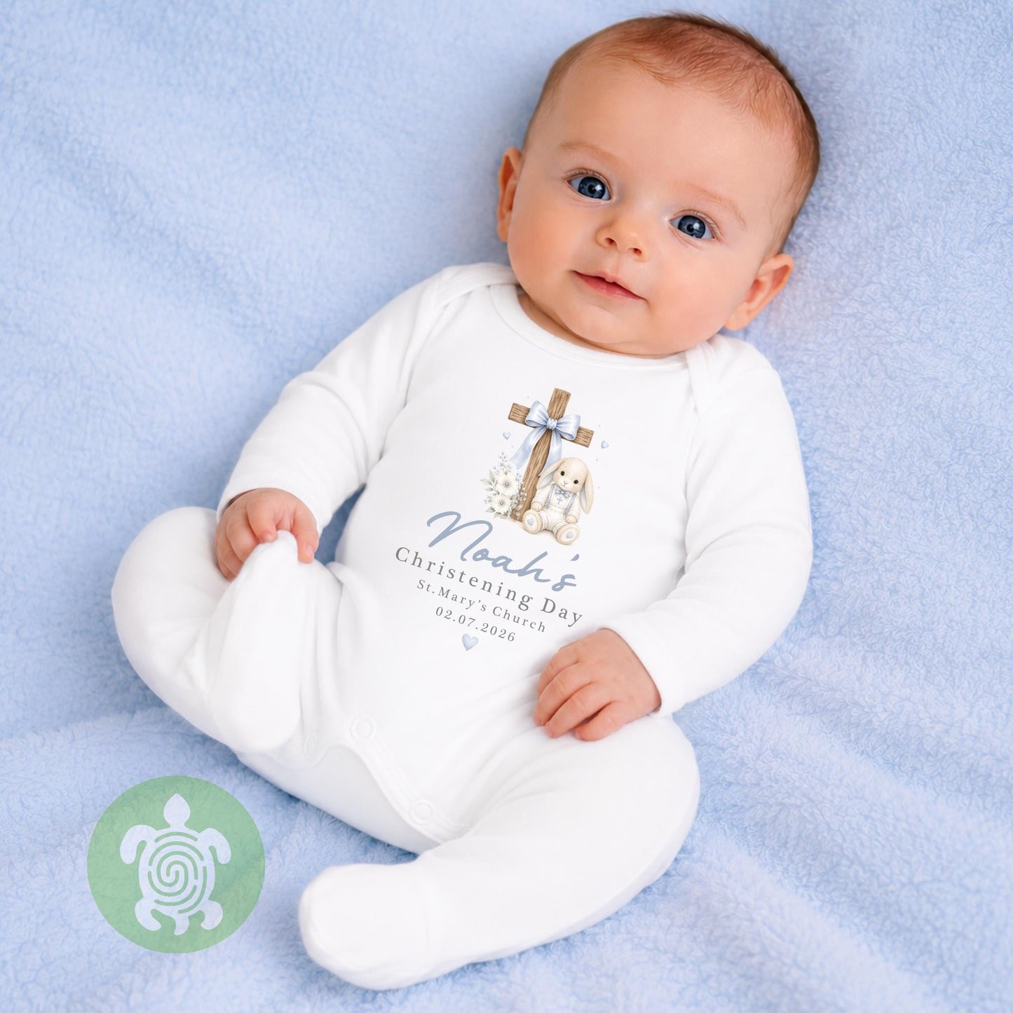 Personalised Blue Baby Bunny Cross Christening Outfit, Dedication or Holy Communion Gift, Babygrow, Baby Girl Christening Gift, Cotton