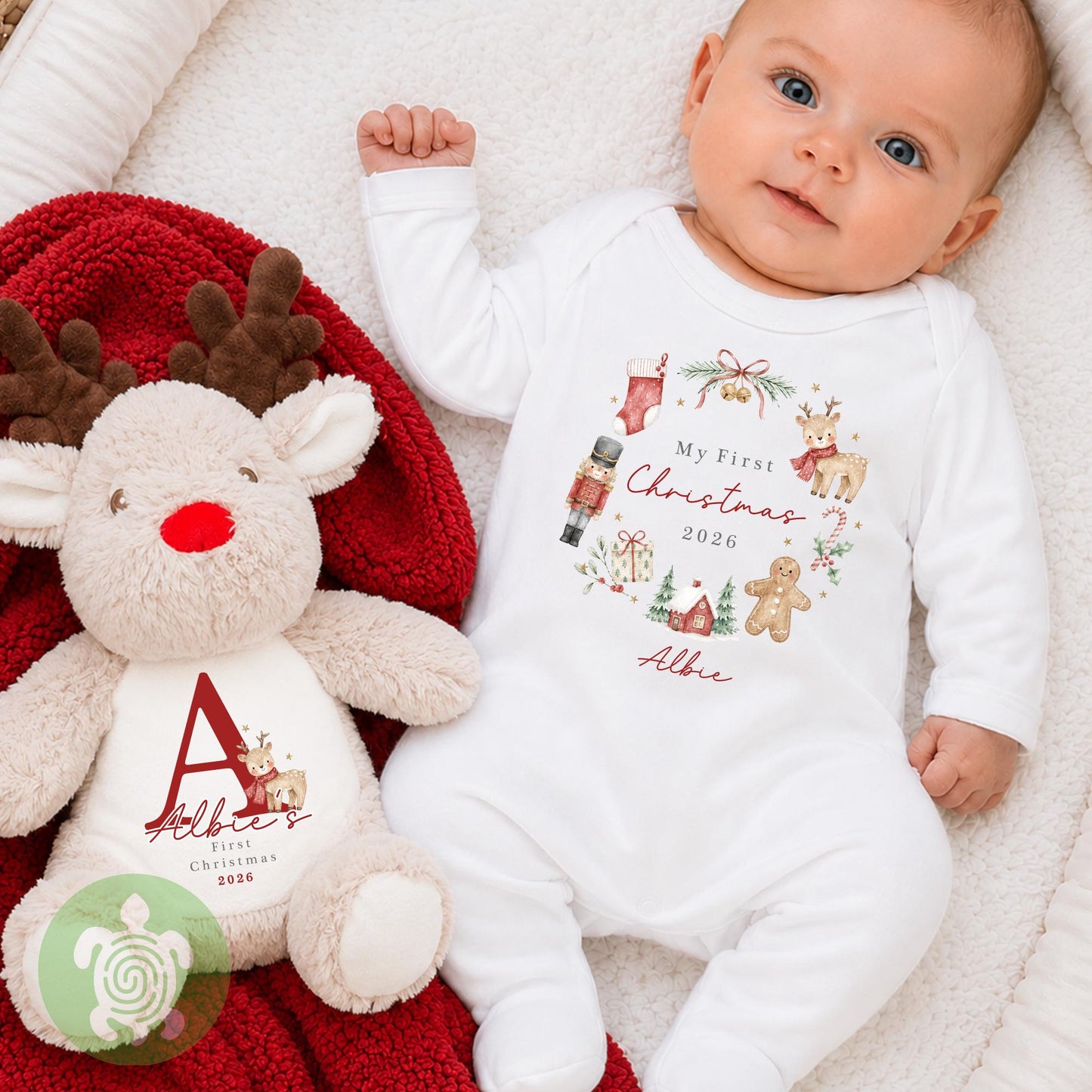 Personalised My First Christmas Wreath, When I wake up it will be Christmas, 1st Christmas Sleepsuit, Babies 1st Xmas, Reindeer Teddy Gift