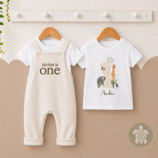 Any Age Personalised Embroidered Birthday Oat Fleece Dungarees Set,1st Party Outfit with Colour Print,Childs Clothing,Birthday Outfit