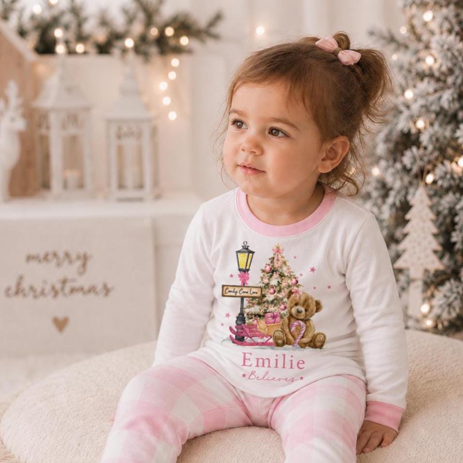 Luxury Pink Teddy Believes Candy Lane Christmas Outfit, Festive Pattern, Personalised Clothing Set, Tight-fitting style, Christmas Eve Box