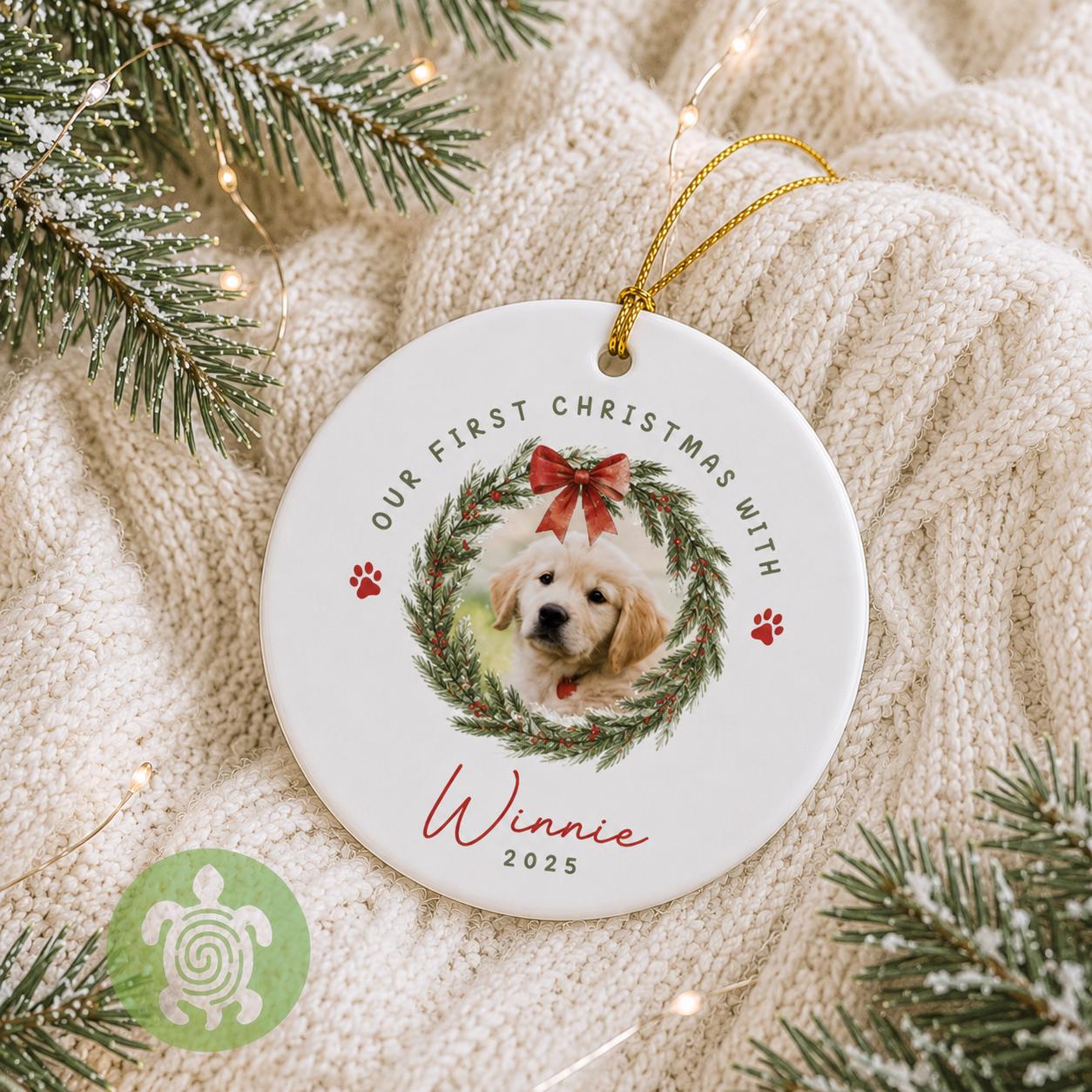 Personalised First Christmas with Pet Ornament, Ceramic Bauble, Dog Cat Bauble, 1st Xmas Decoration, Keepsake 2025, Family Xmas, Pawprint