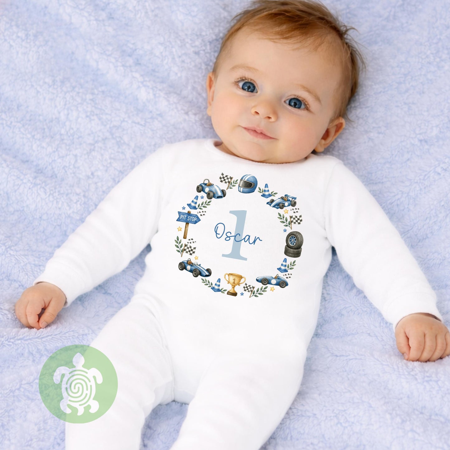 Personalised Race Car Birthday Name T-shirt | Custom Racing Any Age Wreath Sweatshirt, Baby Vest, Sleepsuit or Bib | Motorsport Baby Gift