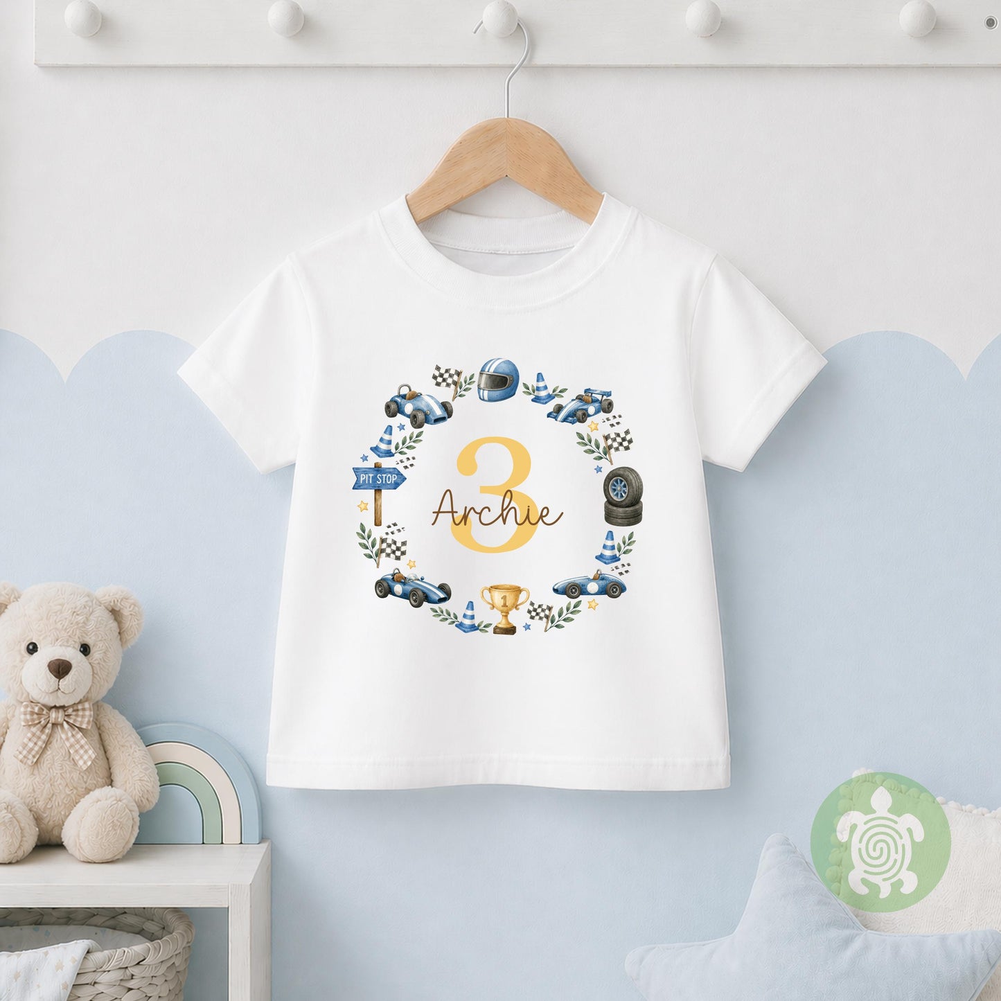 Personalised Race Car Birthday Name T-shirt | Custom Racing Any Age Wreath Sweatshirt, Baby Vest, Sleepsuit or Bib | Motorsport Baby Gift