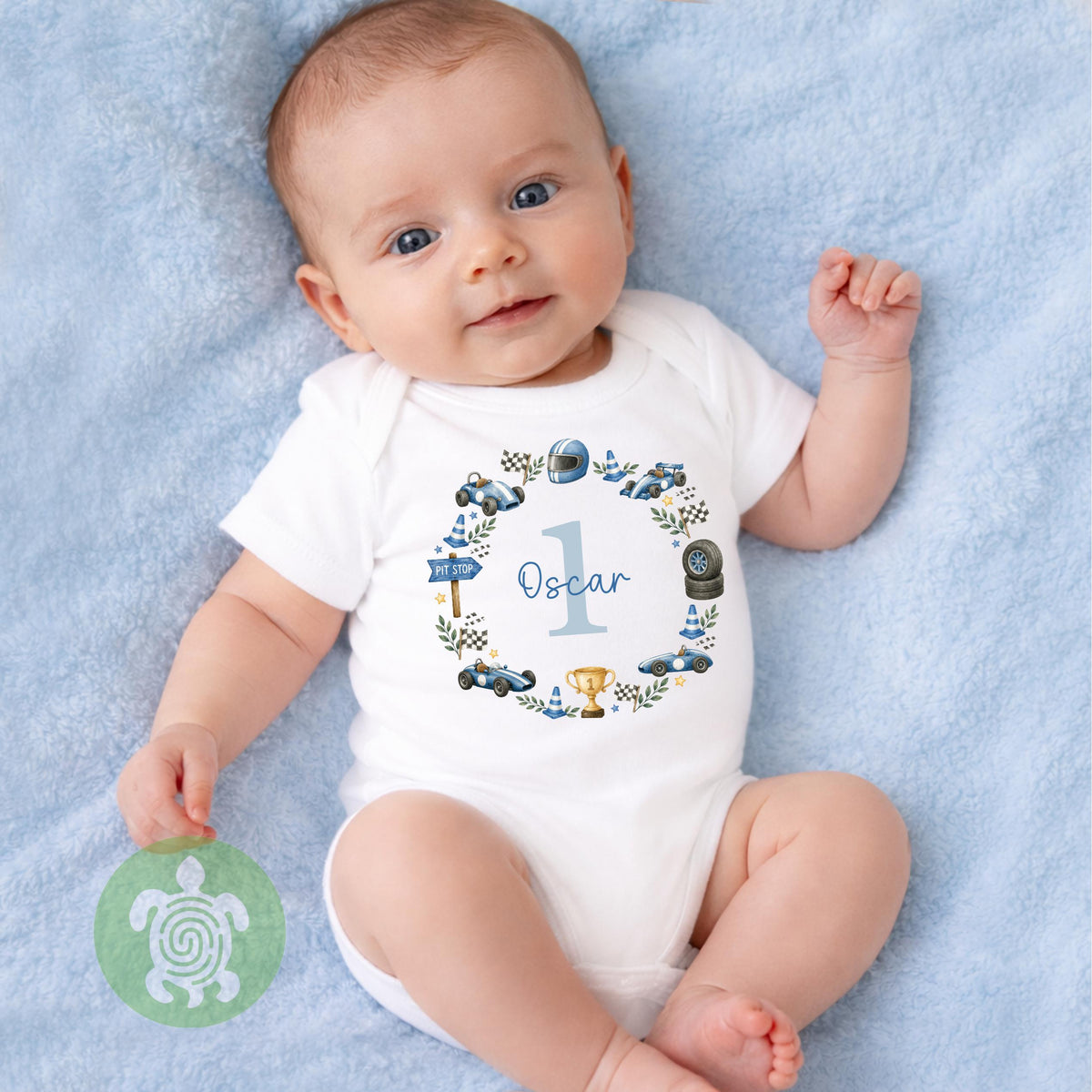Personalised Race Car Birthday Name T-shirt | Custom Racing Any Age Wreath Sweatshirt, Baby Vest, Sleepsuit or Bib | Motorsport Baby Gift