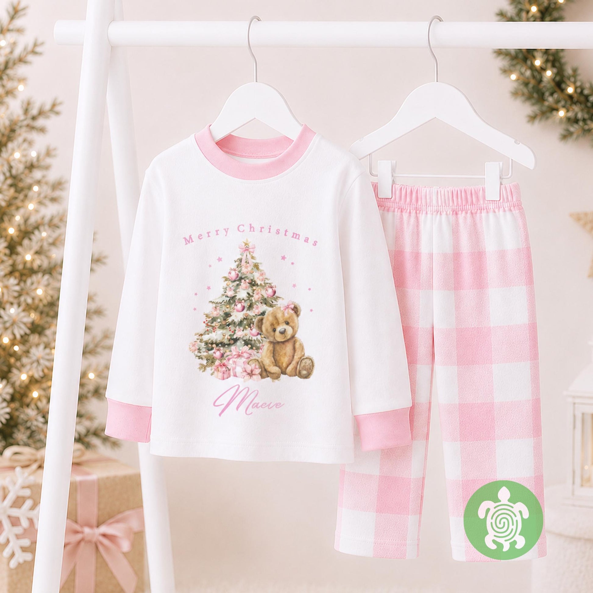 Luxury Merry Christmas Pink Teddy Festive Tree Outfit, Festive Pattern, Personalised Clothing Set, Tight-fitting style, Christmas Eve Box