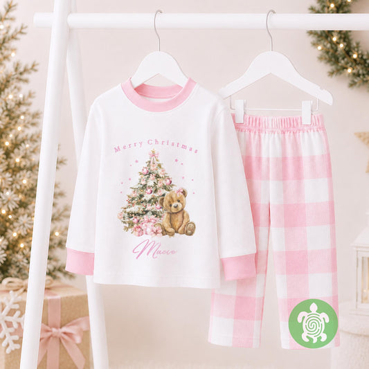 Luxury Merry Christmas Pink Teddy Festive Tree Outfit, Festive Pattern, Personalised Clothing Set, Tight-fitting style, Christmas Eve Box