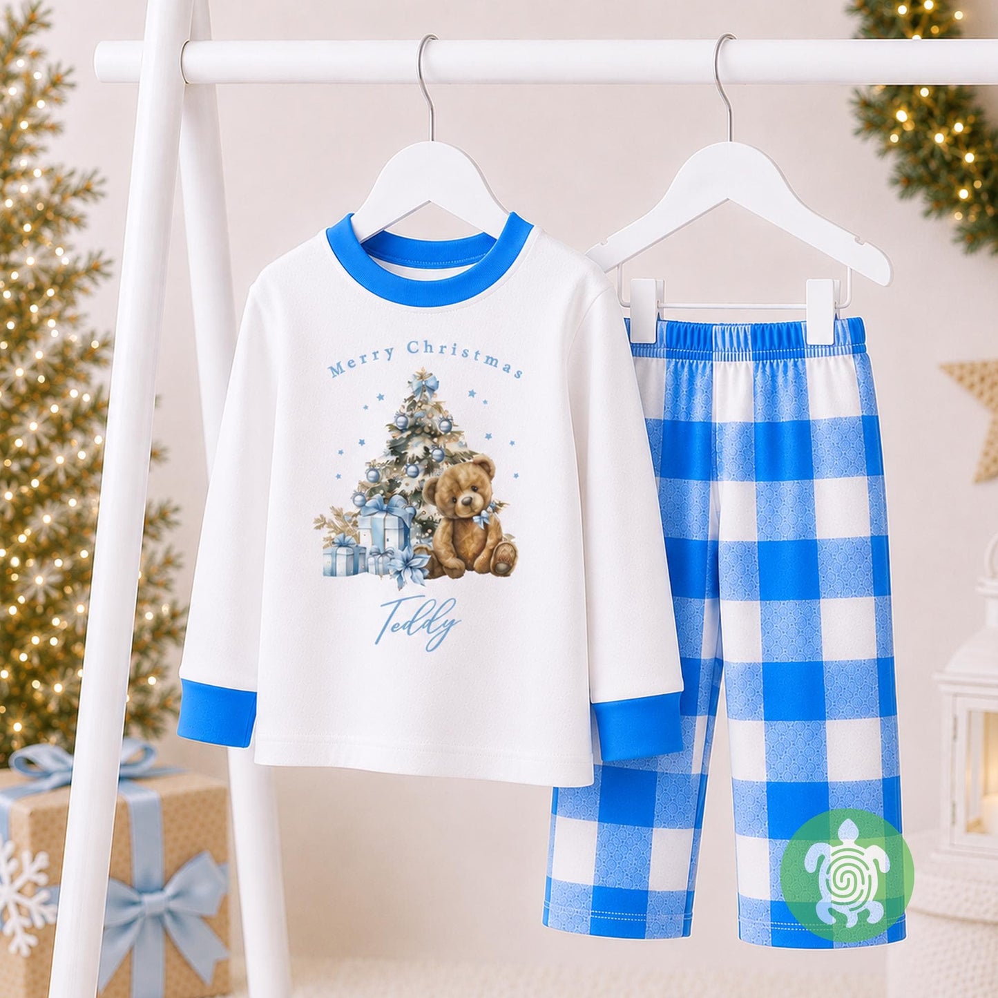 Luxury Merry Christmas Blue Teddy Festive Tree Outfit, Festive Pattern, Personalised Clothing Set, Tight-fitting style, Christmas Eve Box
