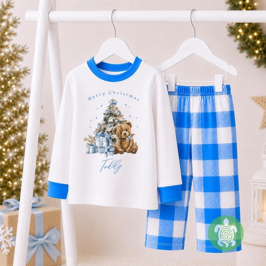 Luxury Merry Christmas Blue Teddy Festive Tree Outfit, Festive Pattern, Personalised Clothing Set, Tight-fitting style, Christmas Eve Box
