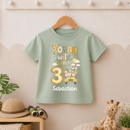 Jeep Safari Young Wild and 3 Three Third Birthday T-shirt, Personalised Name Birthday Design
