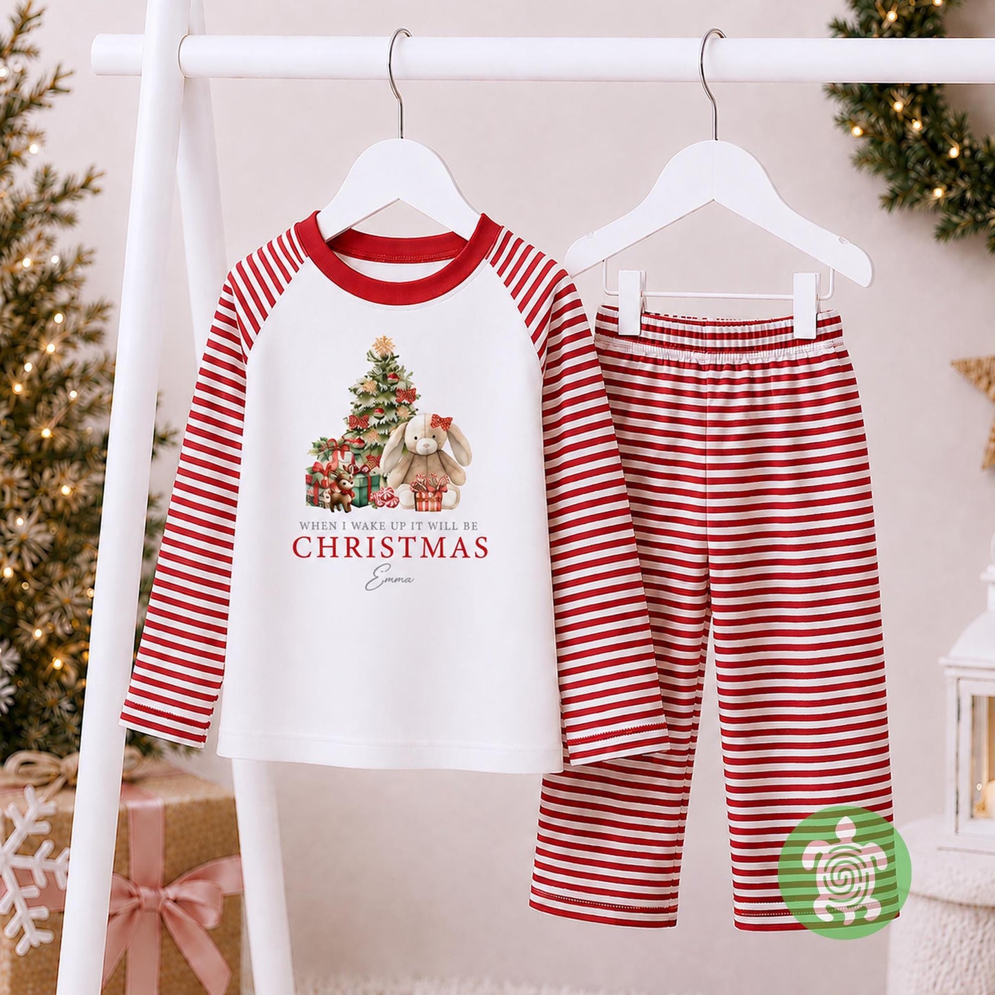 Luxury When I Wake Up It Will Be Christmas Christmas, Bunny Red Festive Pattern, Personalised XMas Eve Set, Tight-fitting style