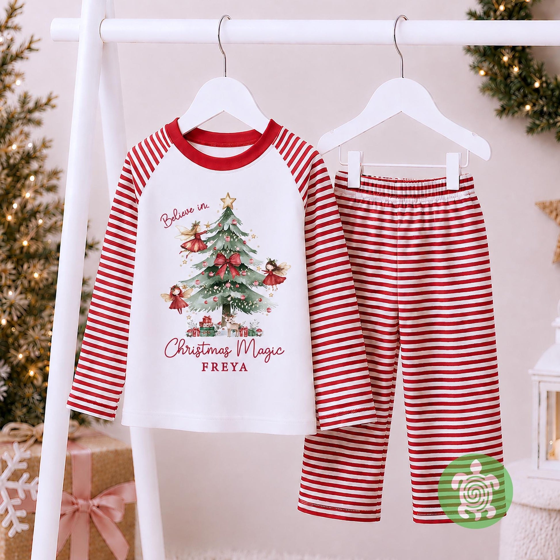 Luxury Believe in Christmas Red Fairies, Red Festive Pattern, Personalised XMas Eve Set, Tight-fitting style, Christmas Eve Set