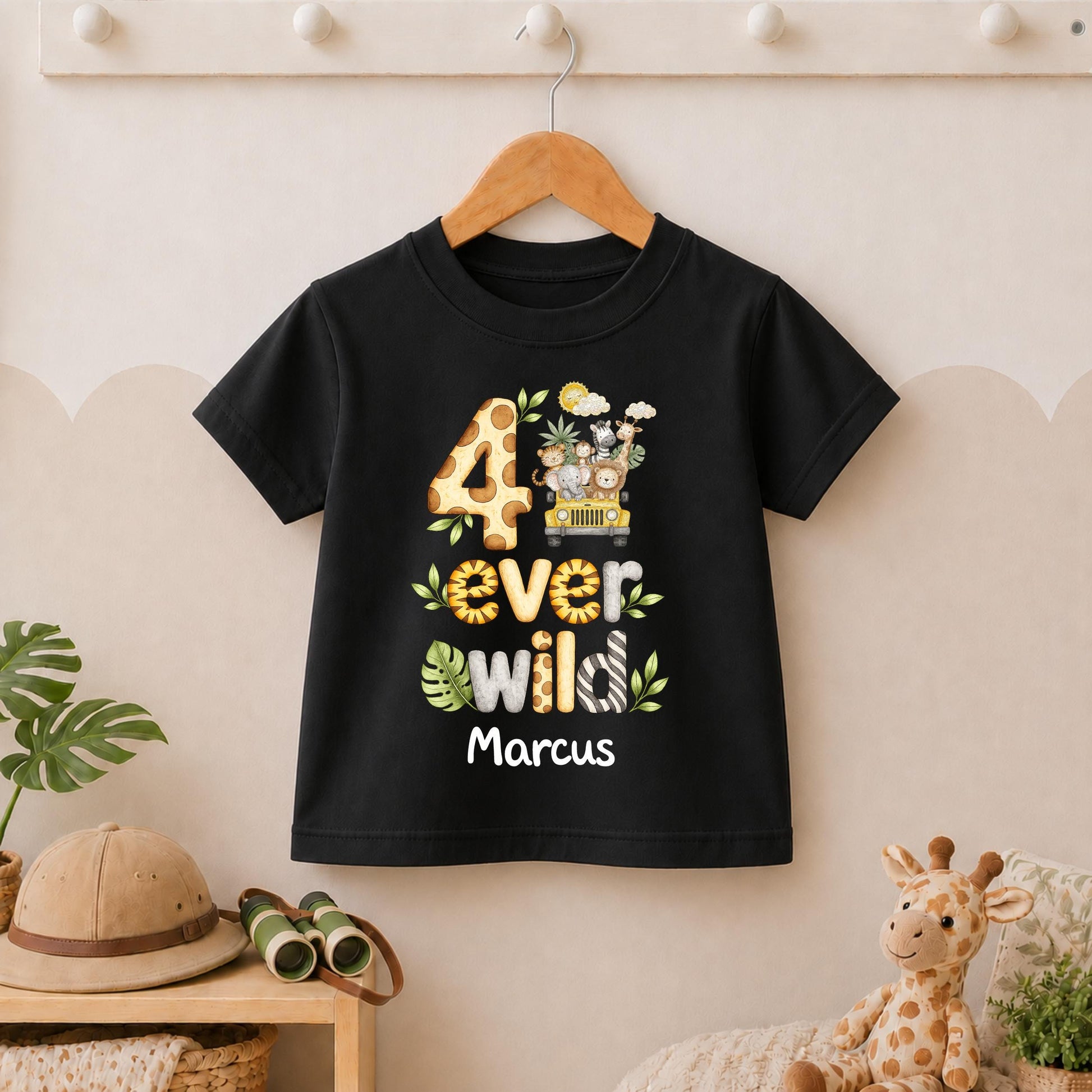 Jeep Safari 4 Ever Wild Fourth Birthday T-shirt, Personalised Name Birthday Design
