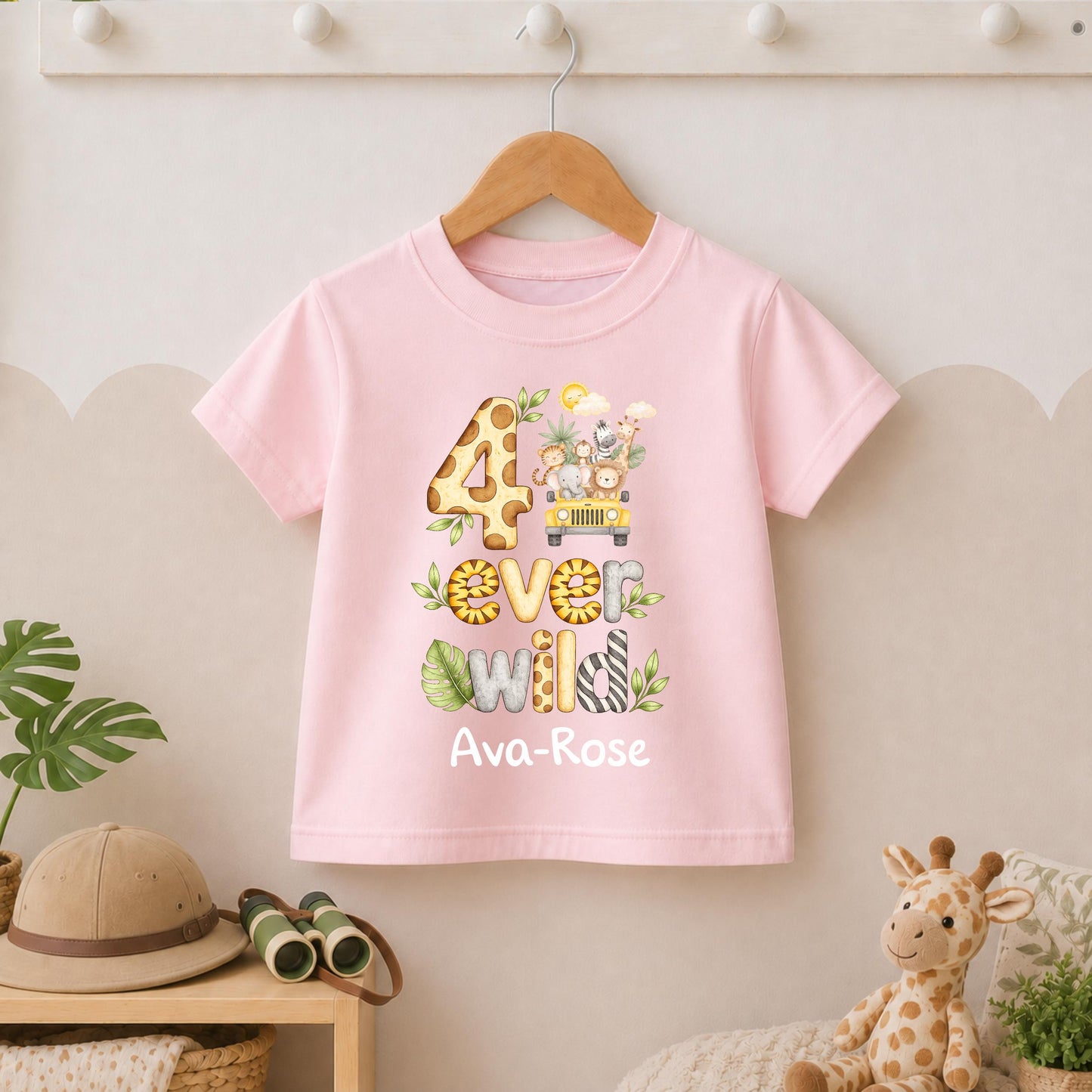 Jeep Safari 4 Ever Wild Fourth Birthday T-shirt, Personalised Name Birthday Design