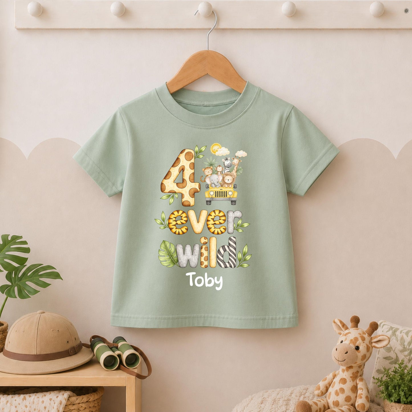 Jeep Safari 4 Ever Wild Fourth Birthday T-shirt, Personalised Name Birthday Design