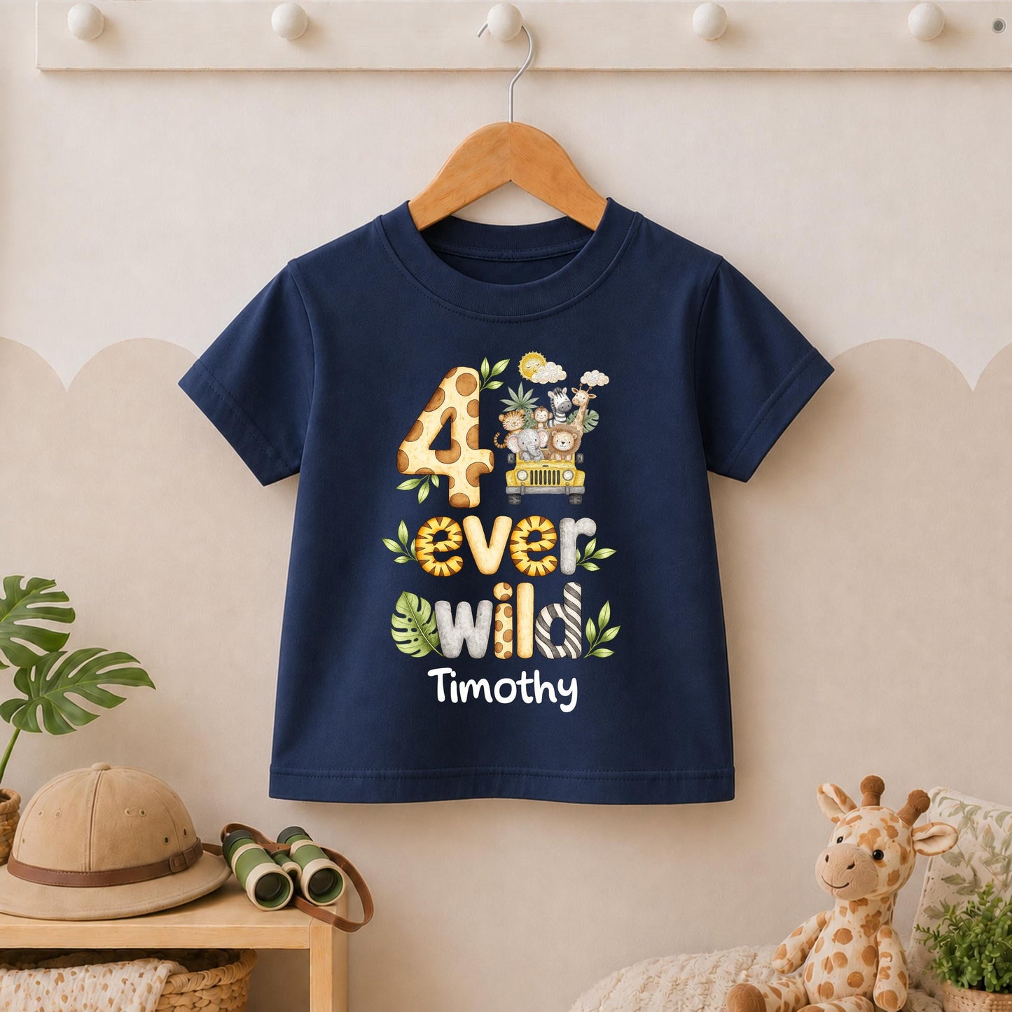 Jeep Safari 4 Ever Wild Fourth Birthday T-shirt, Personalised Name Birthday Design