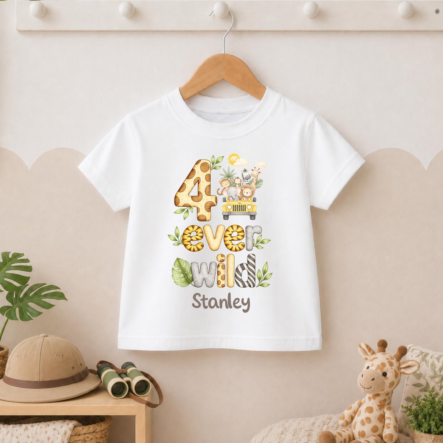 Jeep Safari 4 Ever Wild Fourth Birthday T-shirt, Personalised Name Birthday Design