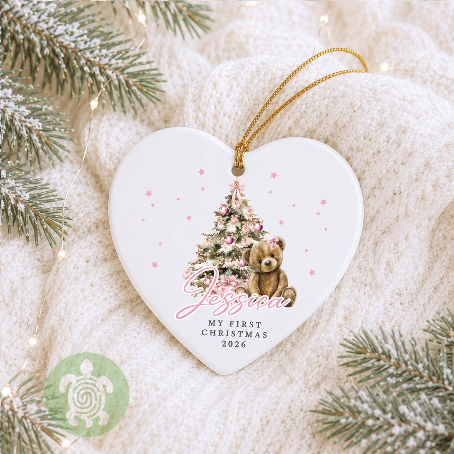Personalised Pink Teddy Baby's First Christmas Ornament | Ceramic Bauble | Custom Newborn Gift | 1st Xmas Tree Decoration | Keepsake 2025