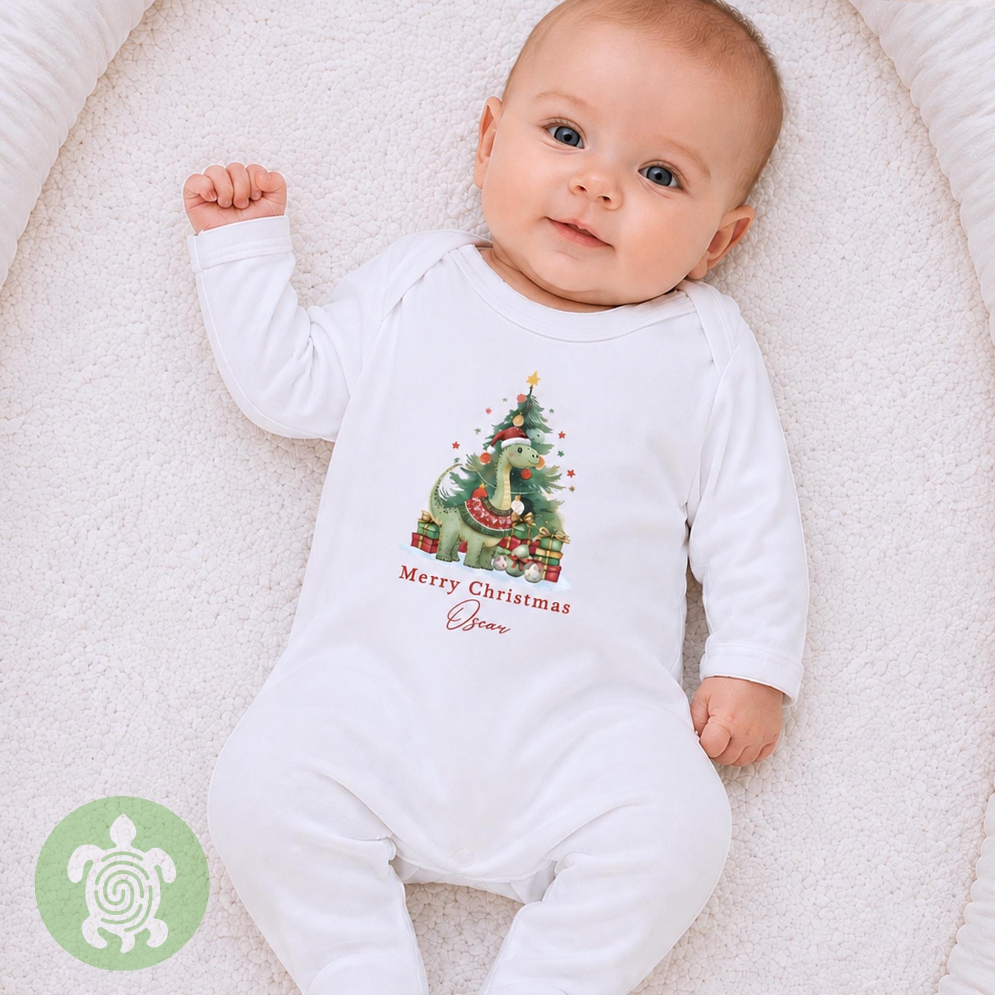 Luxury Personalised Dinosaur Merry Christmas Set, Red Festive Pattern, Xmas Set, Tight-fitting style, Christmas Eve Outfit, Festive Gift