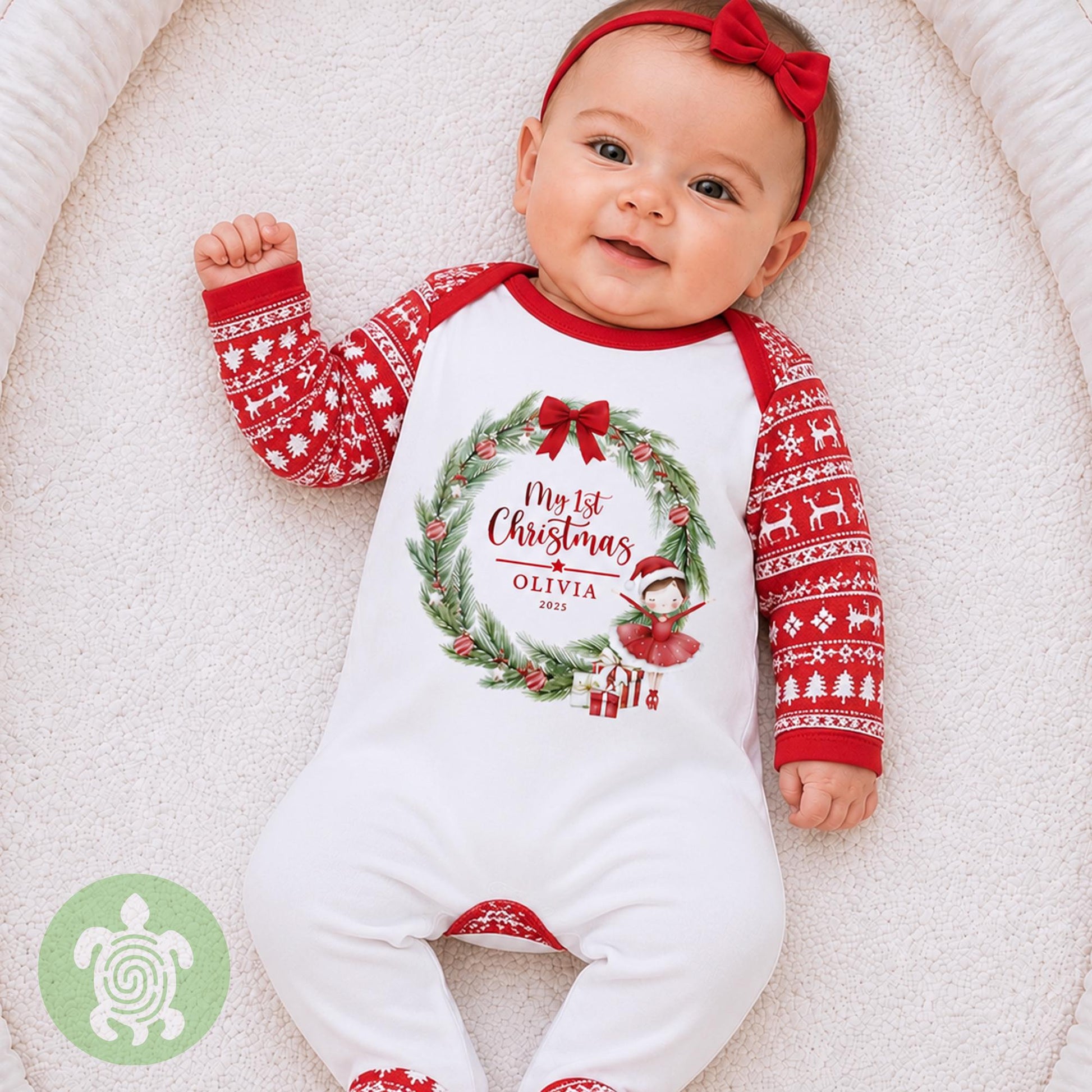 Luxury Personalised Ballerina Wreath My First Christmas, Red Festive Pattern, XMas Eve Set, Choose your Ballerina, Tight-fitting style
