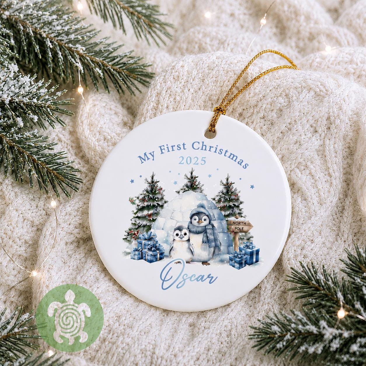 Personalised Blue Penguin Merry Christmas Ornament | Ceramic Bauble | Custom Newborn Gift | 1st Xmas Tree Decoration | First Keepsake2025
