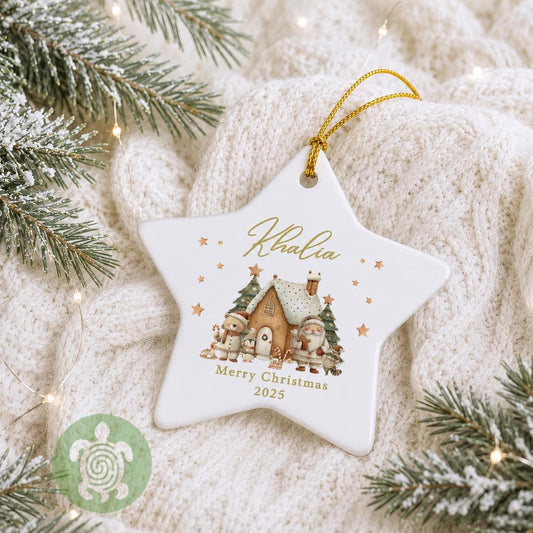 Personalised Santa Gingerbread House Merry Christmas Ornament, Ceramic Bauble, Custom Newborn Gift, 1st Xmas Tree Decoration, First Keepsake