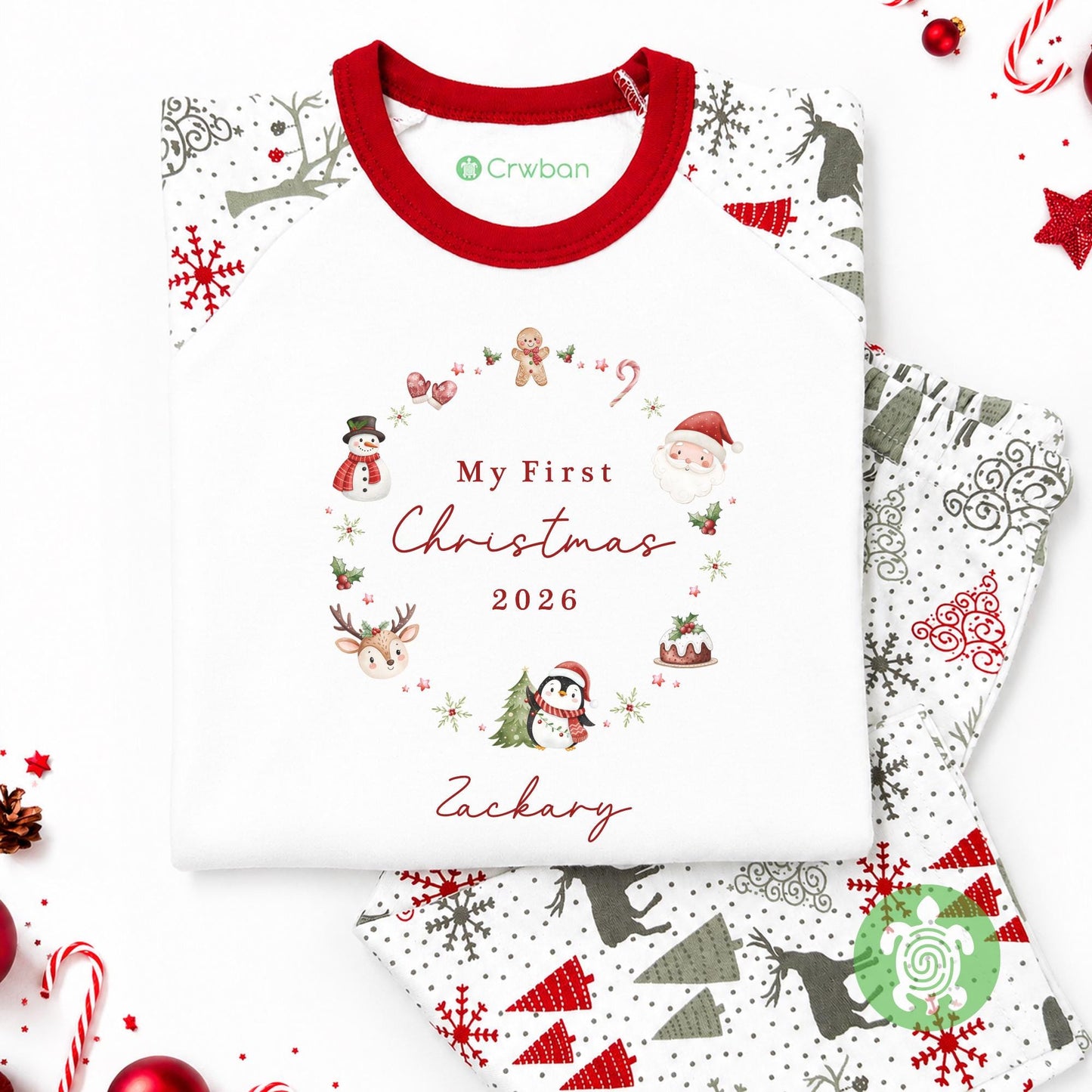 Personalised My First Christmas Wreath, Santa Reindeer Snowman Penguin, 1st Christmas Sleepsuit, Babies 1st Xmas, Reindeer Teddy Gift