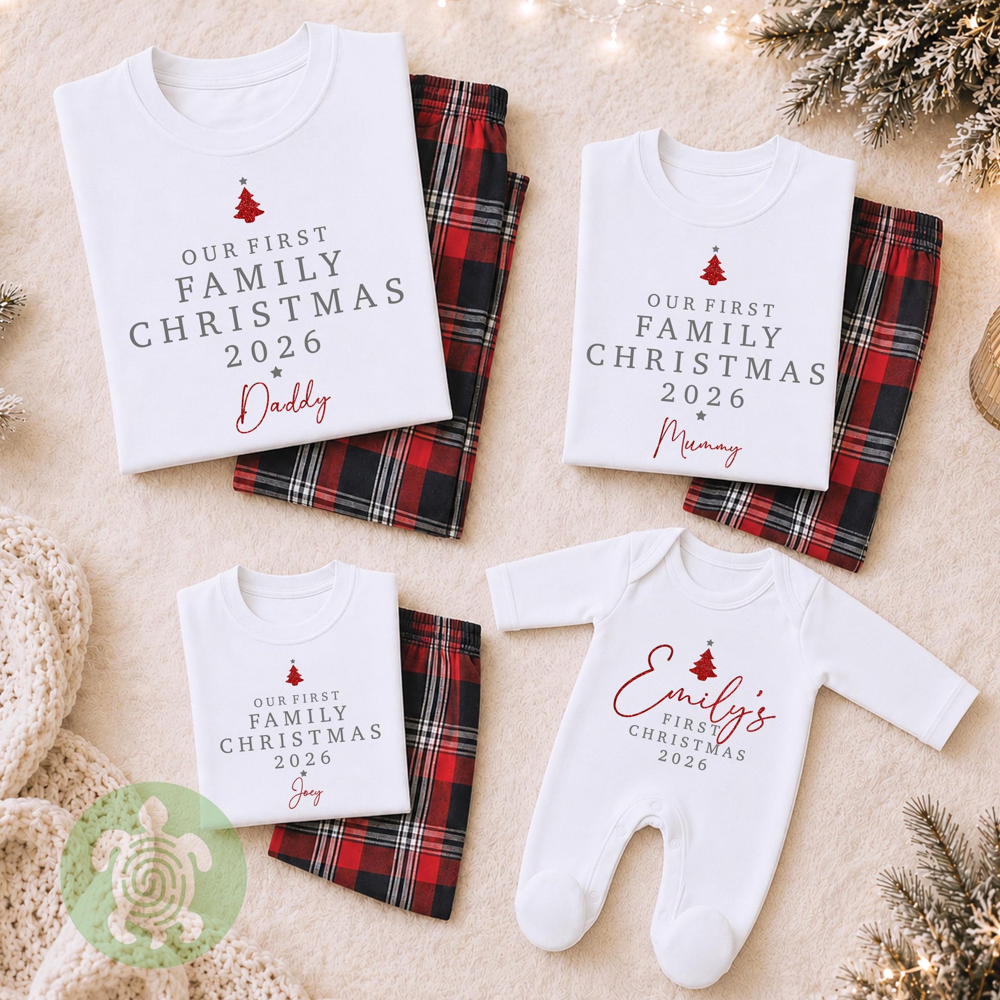 Luxury Personalised Our First Family Christmas, Adults Matching Set, Red Tartan Pattern, Clothing Set, Tight-fitting style, 1st Christmas