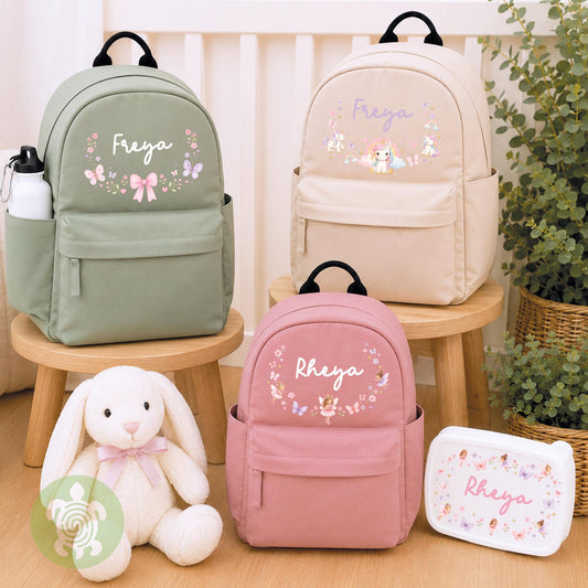 Personalised Girly themed Rucksack, Snack Box & Water Bottle Set, Back to School, Girls Lunch Box, Kids Water Bottles, Children's Bag