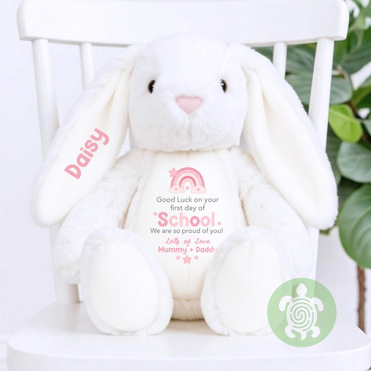 Personalised Pink Rainbow Good Luck on your First Day of School Bunny, Teddy, Custom School Teddy, Back to School, First Day of School Gift