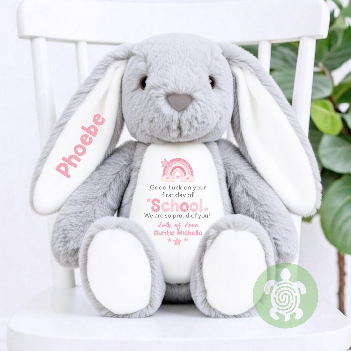 Personalised Pink Rainbow Good Luck on your First Day of School Bunny, Teddy, Custom School Teddy, Back to School, First Day of School Gift