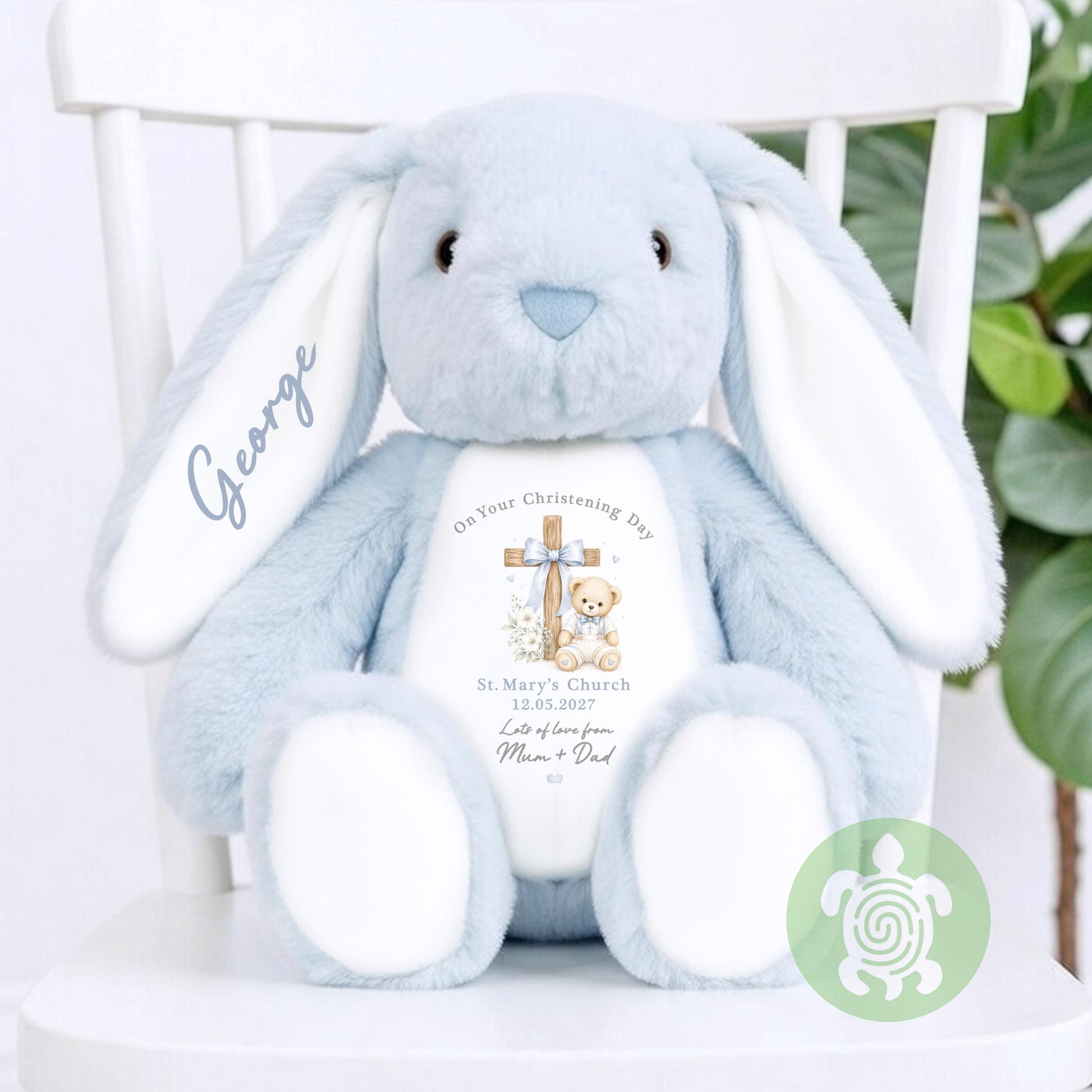 Personalised Blue Teddy Cross Christening Bunny Gift, Baptism, Dedication or Holy Communion Gift, Personalised Bunny for Baby’s Special Day